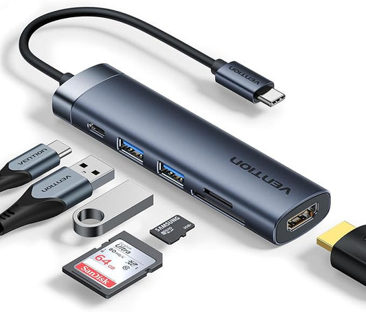 VENTION USB C Hub, 6-in-1 Laptop Docking Station Dongle Adapter with 4K HDMI, PD 100W Charging, USB 3.0 Ports, SD/TF Card Reader, Portable Aluminum Plug & Play for MacBook Pro, Laptop/HP/DELL