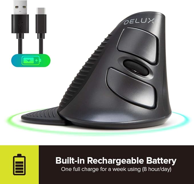 DELUX Ergonomic Vertical Mouse Wireless, Rechargeable Vertical Mouse, Bluetooth/2.4G Dual Mode, Slient Click, Removable Wrist Rest, 800/1200/1600DPI Levels, 6 Buttons, for Laptop/PC (M618G DB-Black)