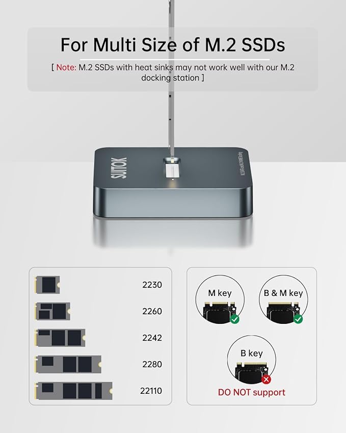 M.2 NVMe SSD Reader External, 10Gbps to USB Adapter for Both M.2 (M Key, B+M Key) NVMe and SATA NGFF SSD Dock, Size for M2 22110 2280 2260 2242 2230 Drive Docking Station - Aluminum Alloy