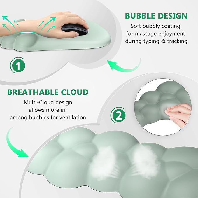AKIT Bubble Massage Ergonomic Mouse Pad with Wrist Rest for Computer Keyboard Cloud Wrist Rest Keyboard Pad and Cute Mouse Pad with Wrist Support, Soft Green Mousepad Gaming Mouse Pads for Desk Office