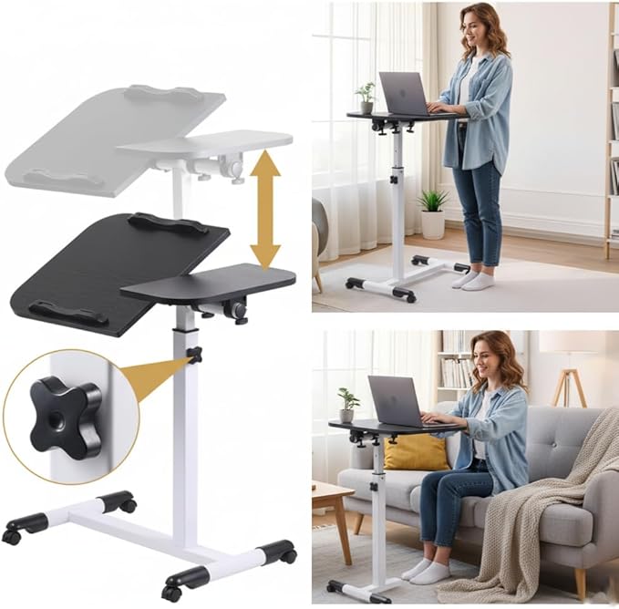 Japard Portable Computer Desk with Wheels, Mobile Laptop Stand, Rolling TV Tray Table, Computer Desk, 360° Rotatable Overbed, Home Office, Black White
