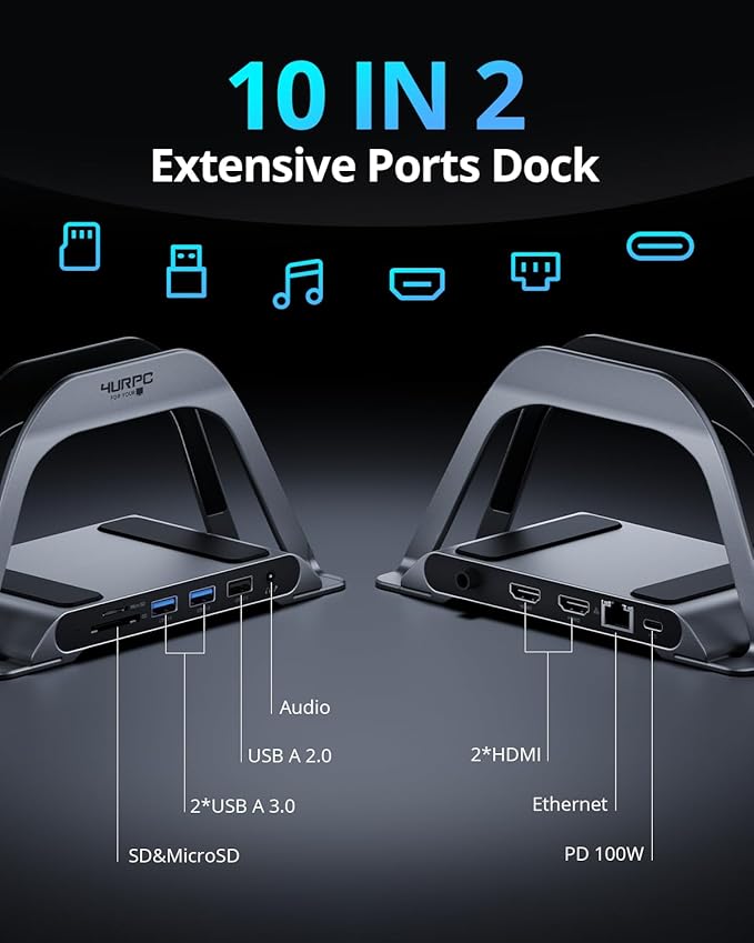 4URPC MacBook Pro Docking Station Dual Monitor 4K@60Hz with 100W Power Adapter, USB C Docking Station Vertical Stand for MacBook Pro/Air with 2 HDMI, USB 3.0, SD&microSD, Ethernet, Audio
