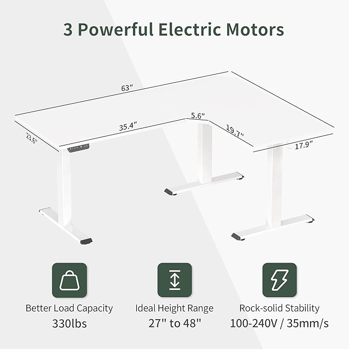 FEZIBO Triple Motor L-Shaped Electric Standing Desk, 63 Inches Height Adjustable Stand up Corner Desk, Sit Stand Workstation with Splice Board, White Frame/White Top