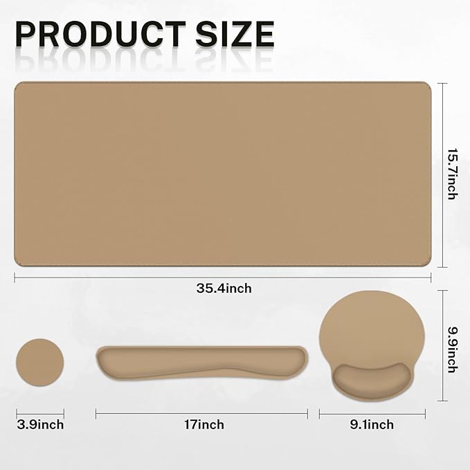 Britimes Brown Keyboard Mouse Pad Set Brown 4 in1 Large Mousepad+Keyboard Wrist Rest+Mouse Wrist Rest+Coaster Ergonomic Design for Home Office Computer 35.4x15.7Inches