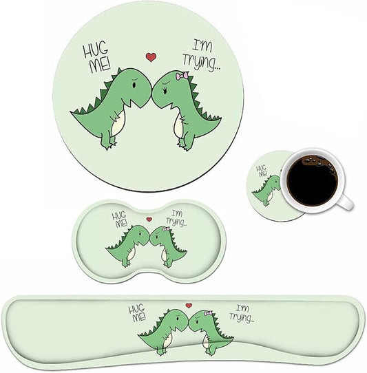 Keyboard Wrist Rest and Mouse Pad Wrist Rest Set with Coasters [4Pcs], Ergonomic Support, Non-Slip Rubber Base, Easy Typing & Pain Relief for Home Office Working Studying, Cute Little Dinosaur