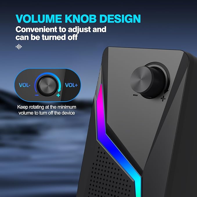 Computer Speakers, PC Speakers for Desktop with 6 Lighting Modes, PC Gaming Accessories, Stereo Sound Desktop Computer Speakers with 2 Bass-Boost Ports, USB Powered 3.5mm AUX Cable