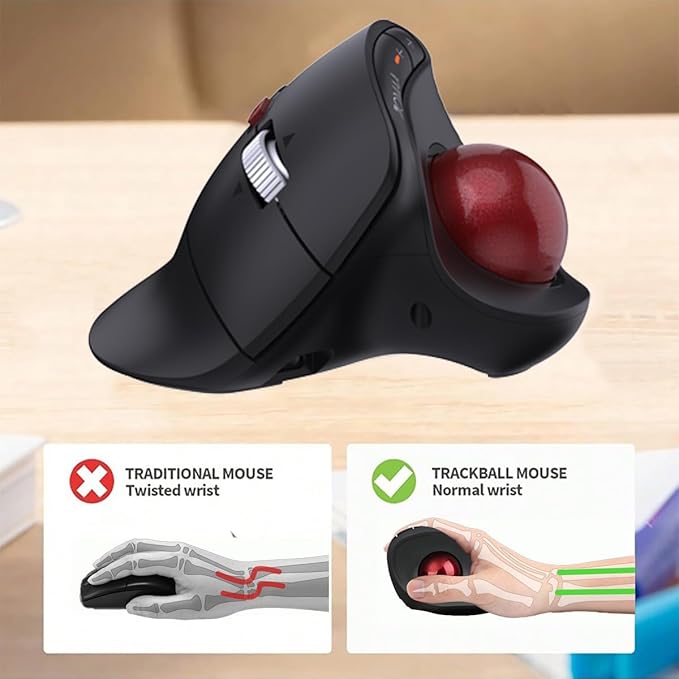 JOMAA Wireless Vertical Trackball Mouse - Ergonomic Design, 3-Device Switching, 2.4G/Bluetooth 5.0, Rechargeable Type-C, Adjustable DPI, Compatible with Windows/macOS/iOS/Android (RED)