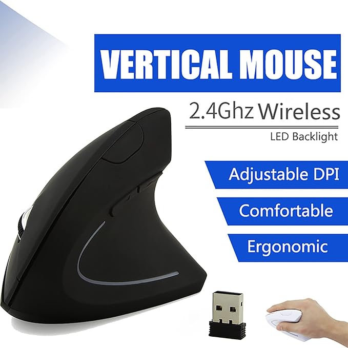 Vertical Mouse, 2.4G Wireless Ergonomic Optical Mouse 800/1200 /1600 DPI 6 Buttons Right Handed Gaming Mice for Laptop, Desktop, PC, MacBook (Black)