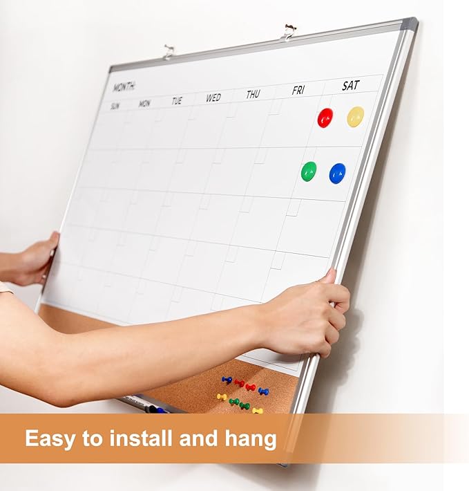 Comix Dry Erase Calendar Whiteboard Corkboard Combo, 36 * 24 inch Monthly Calendar and Bulletin Board Combination for wall, Aluminum Frame Planner with Dry Erase Markers, Magnets, Push Pins