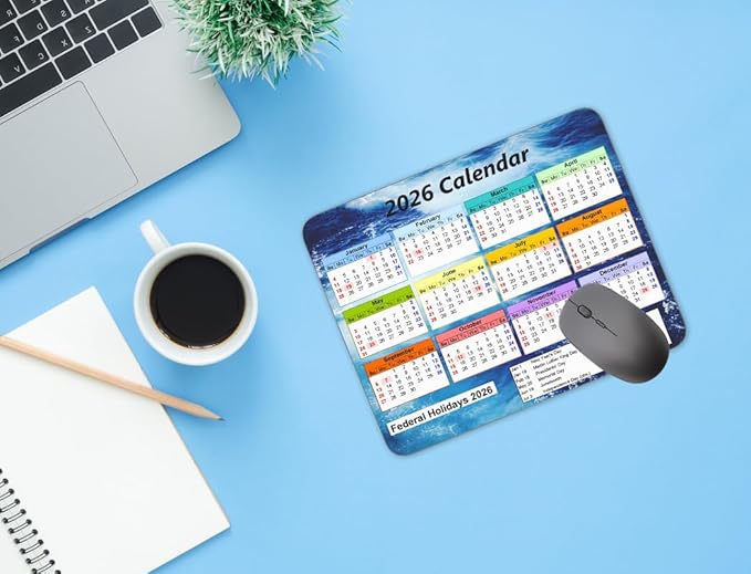 Calendar Mouse pad, 2026 Ocean Wave Background Calendar Natural Rubber Mouse Pad, Quality Creative Gaming Rectangle Mouse Personalized Desk Mouse Pad 9.5 inch x 7.9 inch