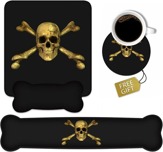 Wrist Rest Support Ergonomic Gel Mouse Pad & Memory Foam Keyboard Set, Non-Slip Rubber PU Base for Home Office Working Studying Easy Typing & Pain Relief, Skull