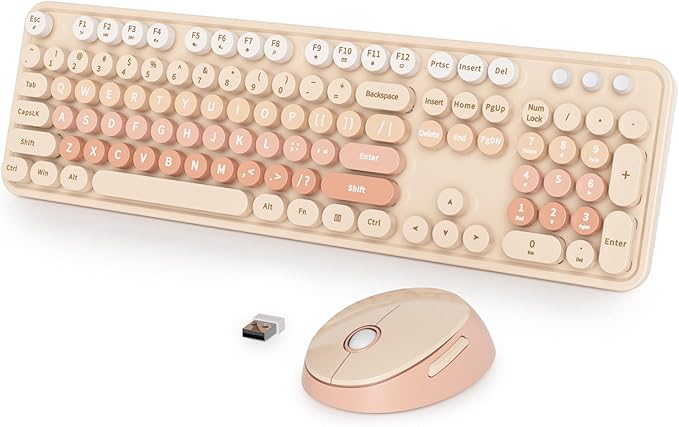 Cute Keyboard and Mouse Combo Wireless, 2.4G Full Size 104-Key Retro Typewriter Keyboards Round Keys for Students Teenagers Home Office PC Laptop(Diary Milk Tea)