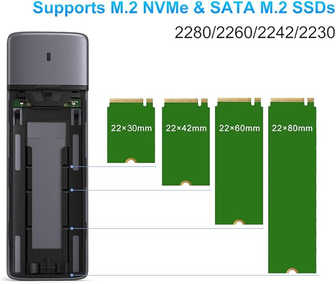 M.2 NVMe SATA SSD Enclosure Adapter Tool-Free,Sokiwi USB 3.2 Gen2 10Gbps External to USB PCI-E 6Gbps SATA M-Key / B+M Key, NVMe Reader Support UASP Trim for SSDs 2230/2242/2260/2280