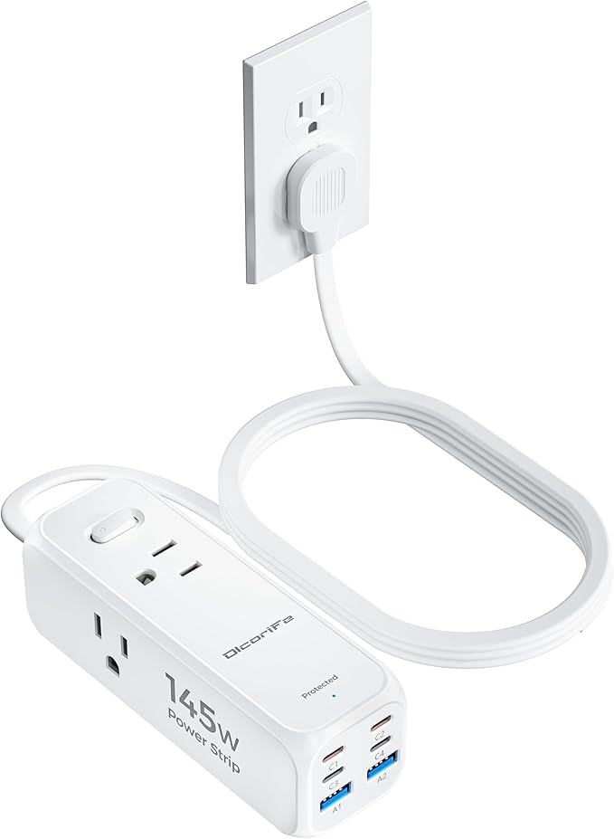145W USB Power Strip, 5FT Flat Plug Extension Cord with 3 AC Outlets 6 USB Ports(4 USB C&2 USB A), 2000 Joules Surge Protector, Multiple USB Outlet Strip for Home Dorm Travel Essentials