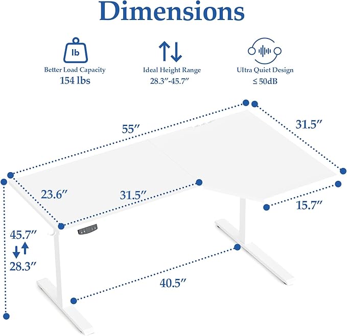 Klicelor 55 Inch L Shaped Standing Desk, Adjustable Height Corner Desk for Home Office Workstation, Sit Stand Desk with Two-Piece Desktop, White