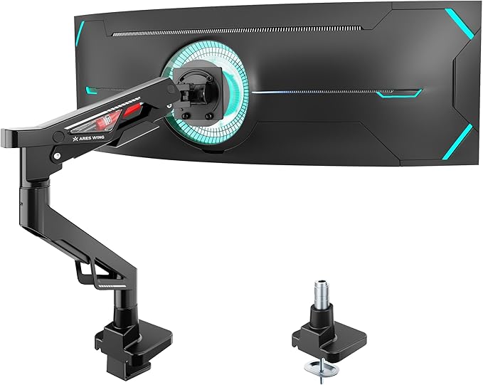 ARES WING Premium Monitor Arm, Ultrawide Monitor Stand up to 57” and 66 Lbs, Gas Sprinq Monitor Mount Height Adjustable and Extension Monitor Stand for Desk Various VESA Mount with Clamp/Grommet Base