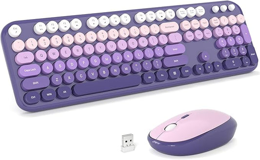 KNOWSQT Wireless Keyboard Mouse Combo - Lovely Purple-Gradient Rainbow Full-Sized Typewriter Colorful Keyboards, Round Keycap Plug Play Retro Cute Keyboards for Windows, Laptop, PC, Desktop, Computer