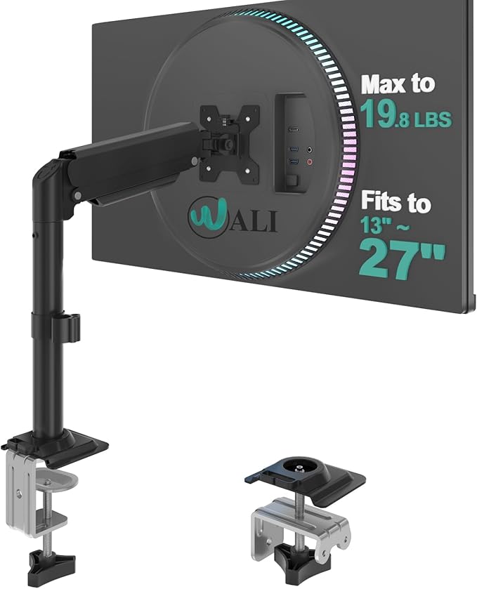 WALI Single Monitor Arm Mount for 13-27 inch Screens, Gas Spring Stand with Full Motion Tilt Swivel Rotation, Holds 19.8 lbs, VESA 75/100, C-Clamp & Grommet Mount (GSDM001S)
