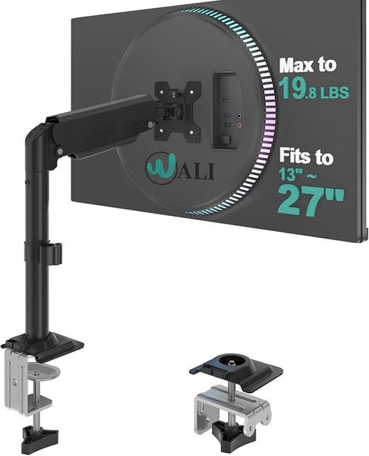 WALI Single Monitor Arm Mount for 13-27 inch Screens, Gas Spring Stand with Full Motion Tilt Swivel Rotation, Holds 19.8 lbs, VESA 75/100, C-Clamp & Grommet Mount (GSDM001S)