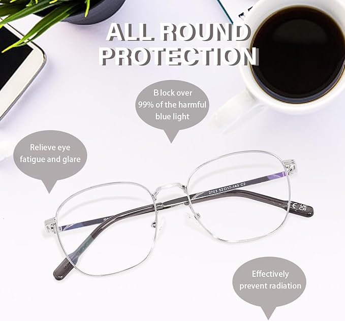 OPTOFENDY Metal Blue Light Blocking Glasses for Women Men, Fashion Square Computer Eyeglasses