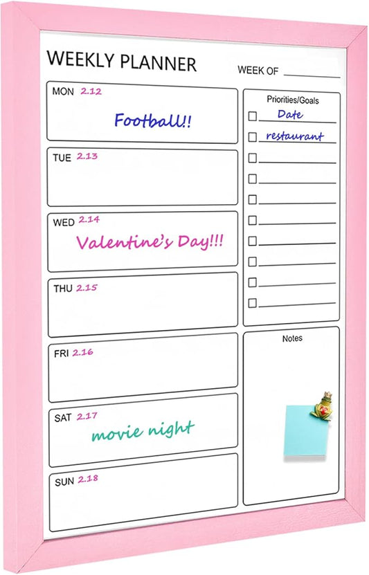 Dry Erase White Board Weekly Calendar Board, Magnetic Whiteboard for Wall,17.7“x23.6 Solid Wood Pink Framed Message Board, Planner Board for Office, Home, School（Weekly-BB-PK-4560）