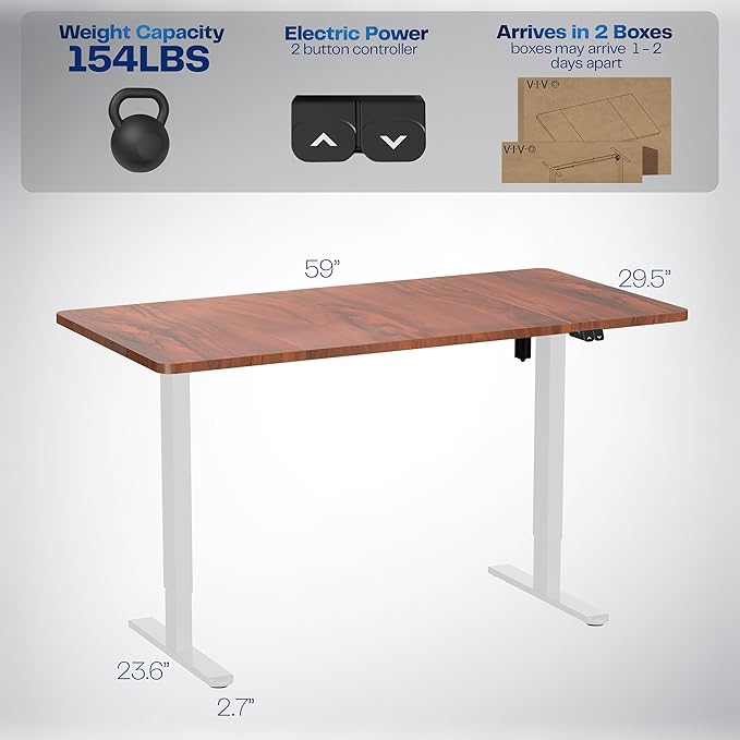 VIVO Electric 60 x 30 inch Stand Up Desk, Height Adjustable, Dark Walnut Top White Frame, Home and Office Furniture Sets, DESK-KIT-0W6D