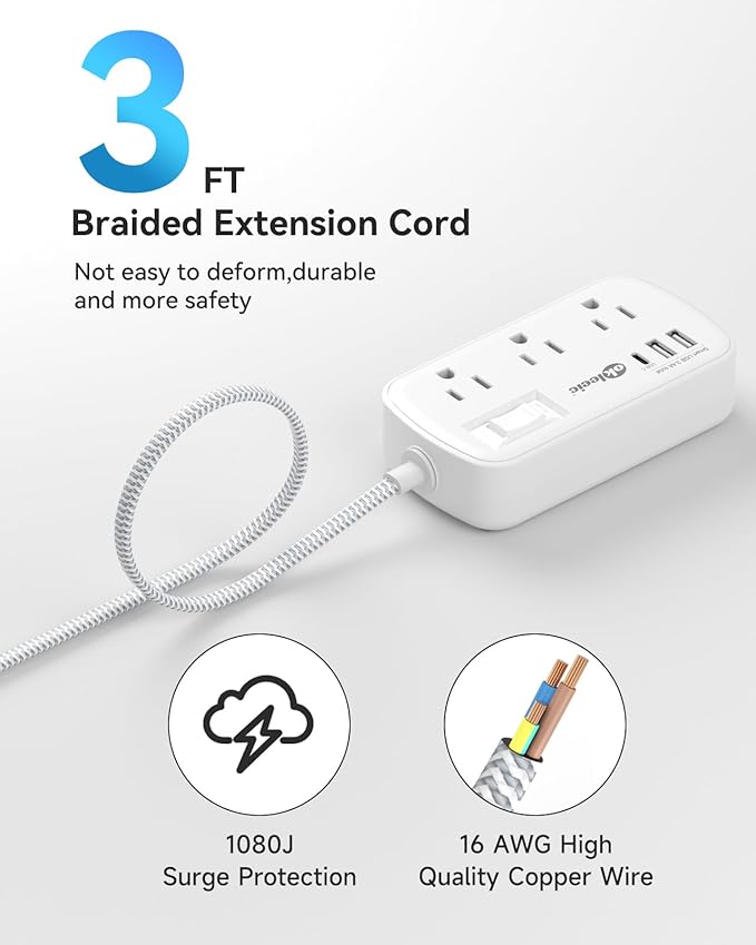 Short Extension Cord 3 Ft - okleeic Small Power Strip Flat Plug Surge Protetor with 6 Outlets & 3 USB (1 USB C) Charging Ports, Multi Plug Wall Outlet Extender for Travel Dorm Room Essentials