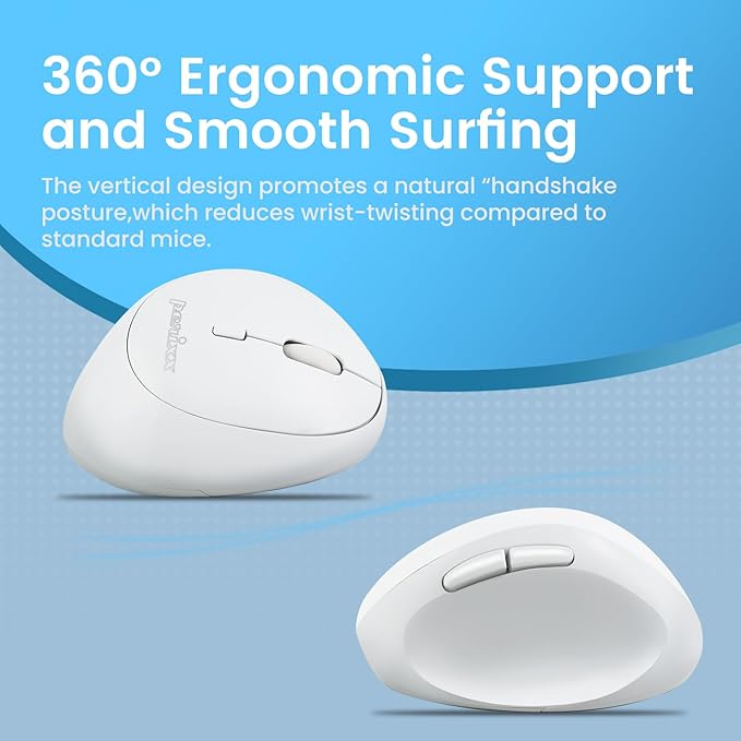 Perixx PERIMICE-719W Wireless Portable Vertical Mouse - Silent Clicks - Right-Handed Design - White