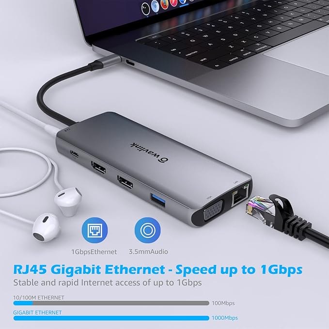 WAVLINK USB C Docking Station Dual Monitor for Dell HP Surface Lenovo Laptop, Triple Display USB-C Hub Multiport Adapter Dongle with 2 HDMI, VGA, Ethernet,100W PD, 5 USB, SD/TF Card Reader,Audio