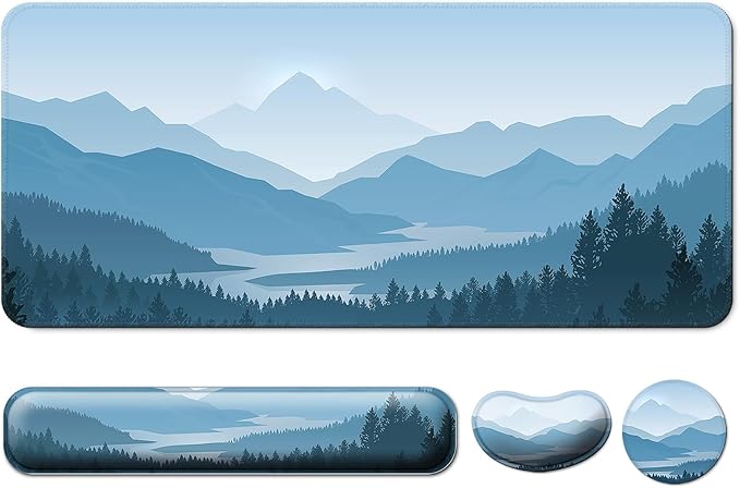 Keyboard Wrist Rest + Mouse Pad with Wrist Support + Desk Mat + Coaster 4 in 1 Set, XXL Large Gaming Mousepad Cute Ergonomic Mouse Pads for Desk Computer Laptop Office Decor-Vector Forest