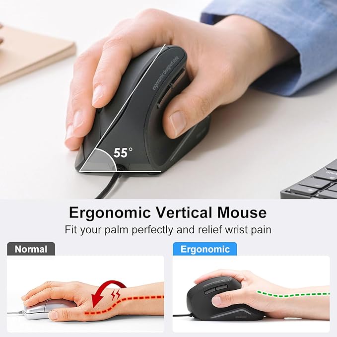SANWA Wired Ergonomic Mouse, Optical Vertical Computer Mice, Reduce Wrist Strain, (1000/1600 Adjustable DPI, 6 Buttons) Compatible with MacBook, Laptop, Desktop, Windows, Mac OS for Office & Gaming