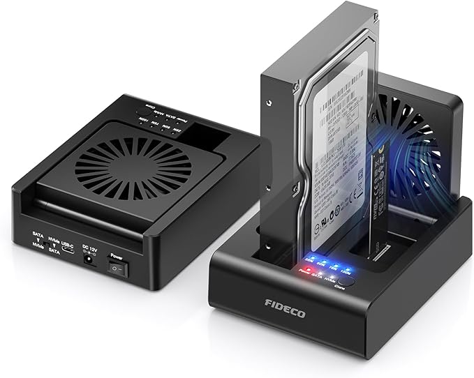 FIDECO Hard Drive Docking Station for M.2 NVMe SSD and 2.5"/3.5" SATA HDD with Bidirectional Offline Clone, M.2 NVMe to USB Adapter Cloner, SSD Reader with Foldable Cooling Fan