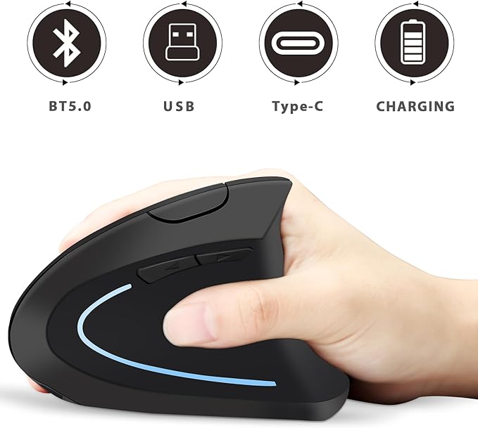 Ergonomic Mouse Wireless Bluetooth Vertical Mouse Three-mode Connection:BT5.0+USB A+USB C- Rechargeable,Ergonomic,6 Buttons,1600 DPI,2.4G Optical-Compatible with Mac ipad Tablet Laptop PC Computer