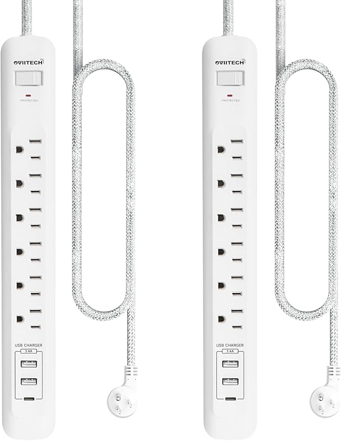 2 Pack Power Strip Surge Protector - 6 Outlets 3 USB Charging Ports (1 USB C), 5Ft Extension Cord, Flat Plug, Overload Protection, Wall Mount for Office Home, Dorm Room White