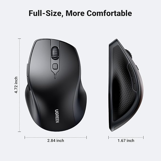 UGREEN Wireless Ergonomic Bluetooth 5.0 Mouse for Laptop, 2.4G Cordless Mouse with USB Receiver, 1000/1600/2000/4000 DPI, 5 Buttons Silent Mice for MacBook, PC, Desktop, Chromebook, Black