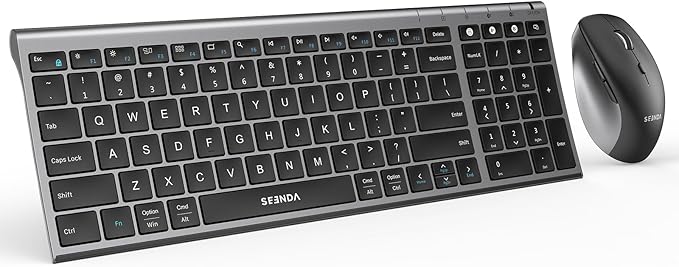 seenda Wireless Bluetooth Keyboard and Mouse Combo, COE401 Rechargeable Slim Keyboard Mouse, 3 Multi-Device Connection, Compact Quiet Set Compatible for Mac/Windows Laptop MacBook iPad, Black Gray