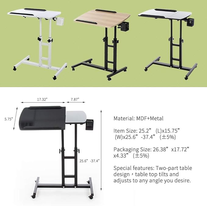 Overbed Table,Adjustable Laptop Desk with Cart, Computer Workstation, Bed Side Table, Tiltable Table and Mouse pad for Laptop-Marble White