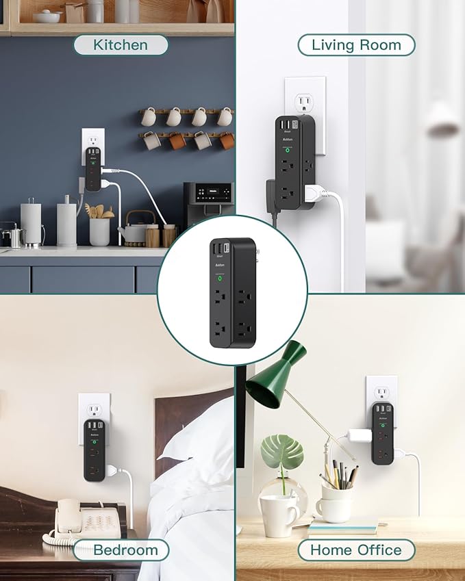 Surge Protector Outlet Extender - with Rotating Plug, 6 AC Multi Plug Outlet with 3 USB Ports, 1800J Wall Charger, 3-Sided Power Strip with Spaced Outlet Splitter for Home, Office, Travel （Black）