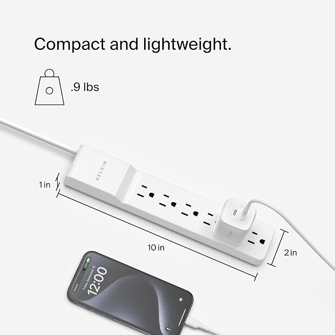 Belkin 6-Outlet Power Strip Surge Protector w/Flat Rotating Plug, 6ft Cord – Ideal for Personal Electronics, Small Appliances and More (1080 Joules), White, 6' - 6 Pack