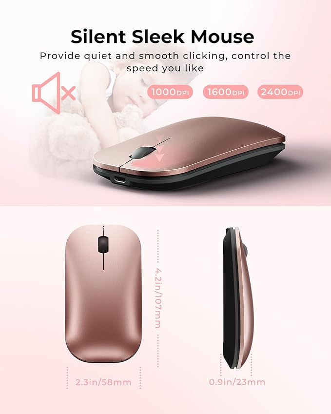 seenda Wireless Bluetooth Keyboard and Mouse Combo, SKM64-3 Rechargeable Slim Quiet Keyboard Mouse, 3 Multi-Device Connection, Compatible for Windows, Mac, MacBook, iPad, Tablet, Black Rose Gold