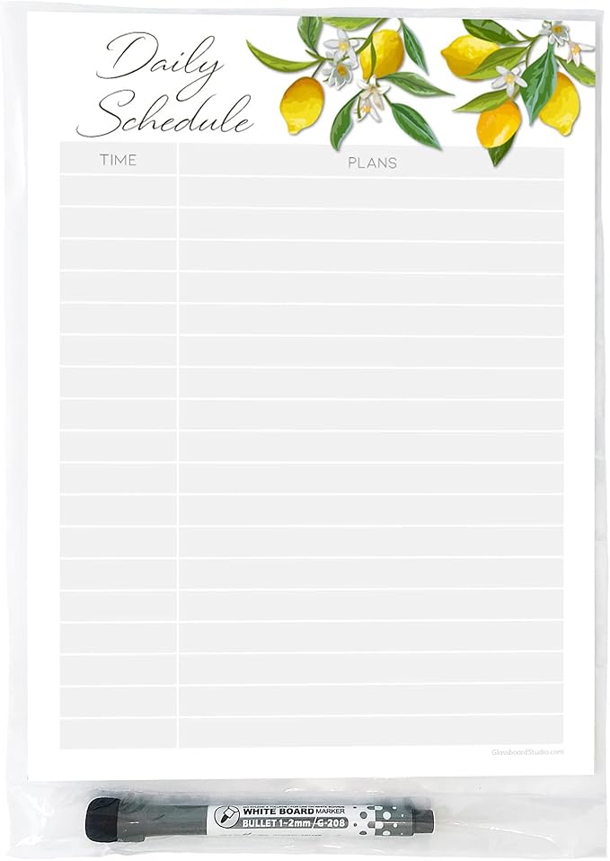 Dry Erase Daily Schedule Planner Sticker Decal by Glassboard Studio | Removable & Reusable | Magnetic Fine-Tip Marker Included (9 x 12 inches, Lemon Fresh)