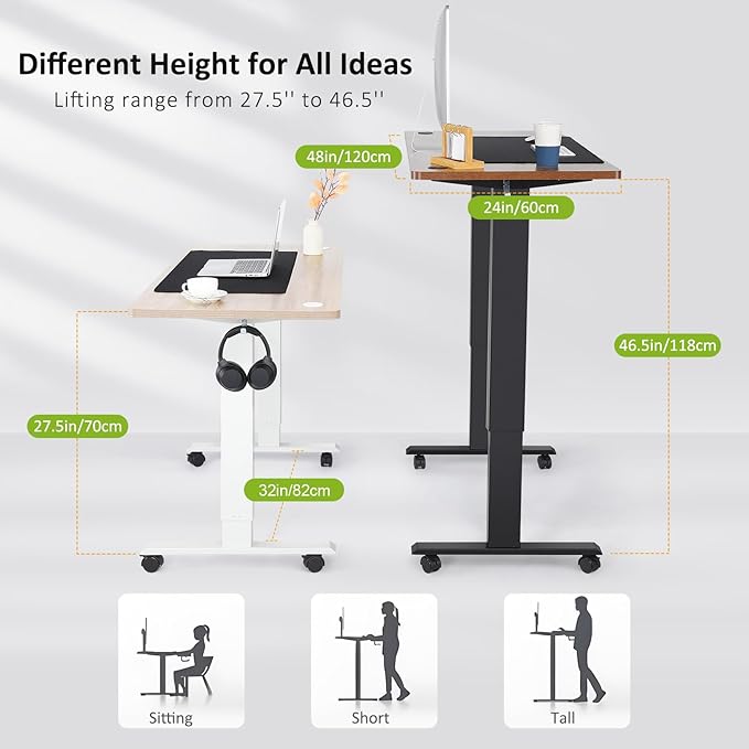 farexon Electric Standing Desk Adjustable Height, 48x24 Inches Stand Up Desk with 4 Preset Heights, Lockable Casters, Double Hooks,27''-46'' Lifting Range Home Office Computer Desk（White）