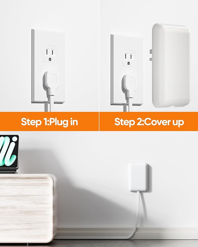 Flat Outlet Extender with Cover, Flat Plug Power Strip with 6 AC Outlets, 2000 Joules Surge Protector, 5FT Flat Extension Cord, Home Office Travel Dorm Room Essentials
