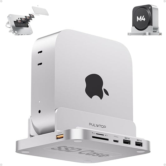 Mac mini M4 Dock with 4TB M.2 SSD Enclosure, 8-in-1 Aluminum Vertical USB-C Hub for Mac mini M4 Pro Hub Stand with USB-A/C 3.2 10Gbps, 2xUSB-A 2.0, 3.5mm Audio, SD/TF (SSD NOT Included)