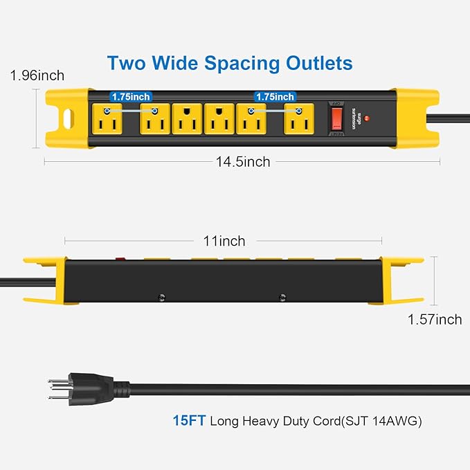 CCCEI Heavy Duty Power Strip Surge Protector - 6 Outlet Industrial Strip with 15A, 1200 Joules - ETL Listed Metal for Shop, Workshop, Garden (15FT, Black)