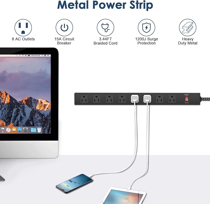 8 Outlet Power Strip - Metal Power Strip with Switch,Wide Spaced Moutable Surge Protector 1200J,3ft 14Awg Braided Cord,Home Office Industrial Garage Commercial