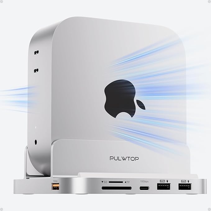 Mac mini M4 Dock with 4TB M.2 SSD Enclosure, 8-in-1 Aluminum Vertical USB-C Hub for Mac mini M4 Pro Hub Stand with USB-A/C 3.2 10Gbps, 2xUSB-A 2.0, 3.5mm Audio, SD/TF (SSD NOT Included)