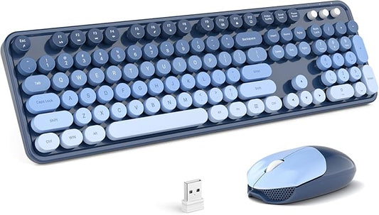 MOFII Wireless Keyboard and Mouse Combo, Full-Size Retro Typewriter Keyboard with Round Keycaps, Ergonomic Design for Windows 7 8 10 11 PC Laptop, Home and Office Use -Blue