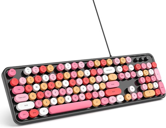 Computer Keyboard Wired, Plug and Play USB Retro Round Typewriter Keyboard, Full Size Wired Keyboard with Foldable Stands for Laptop and Office PC- Black Colorful
