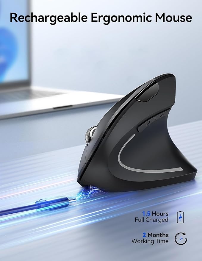 2.4G Wireless Vertical Mouse, Rechargeable Ergonomic Optical Mice: 3 Adjustable DPI 800/1200/1600 Levels 6 Buttons, for Laptop, PC, Computer, Desktop, Notebook etc, Black